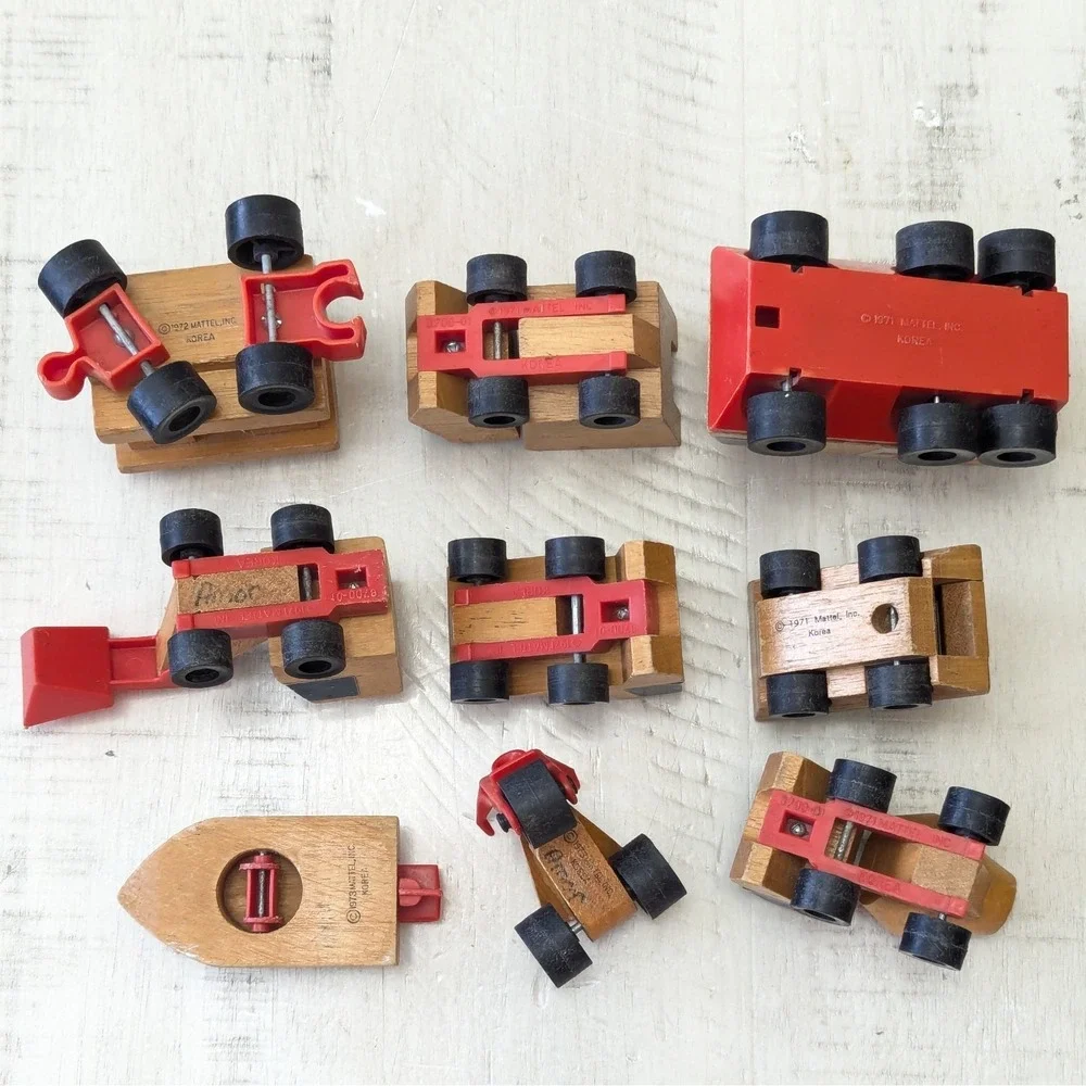 Vtg Lot of 9 Mattel Putt-putt Wood Toy Vehicles Truck Ambulance Boat Car Train